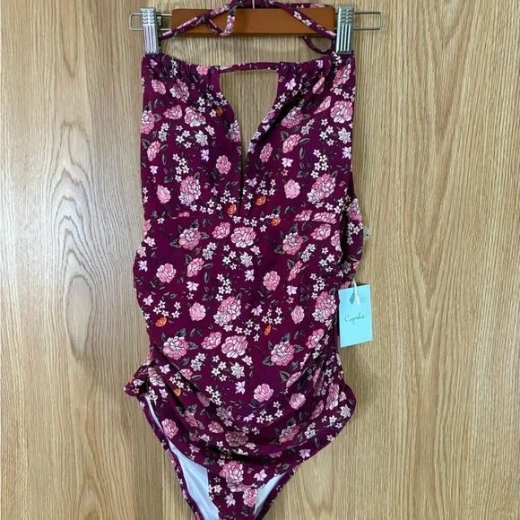 NWT Cupshe Maroon Floral One Piece Swimsuit - Picture 2 of 5